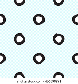 Vector seamless pattern with black polka dot. Hand drawn cute and funny fashion illustration. Modern doodle pop art sketch 