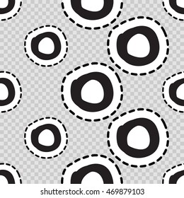 Vector seamless pattern with black polka dot. Hand drawn cute and funny fashion illustration patches or stickers kit. Modern doodle pop art sketch badges and pins