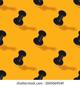 Vector seamless pattern of black push pins that sticks up on yellow background, same size and height, Creative vector texture graphic art, push pins, sharp objects, Simple design concept.