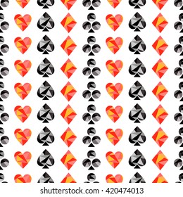 Vector seamless pattern with black and red playing card symbols. Polygonal design. Geometric triangular origami style, graphic illustration. Series of Gaming and Gambling Seamless Patterns. 