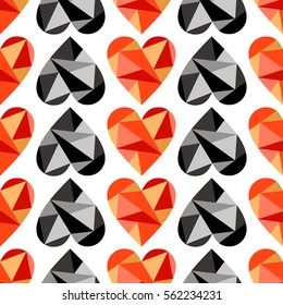 Vector seamless pattern with black, red abstract hearts on the white background Polygonal design. Geometric triangular origami style, graphic illustration. Series of Love Seamless Patterns.