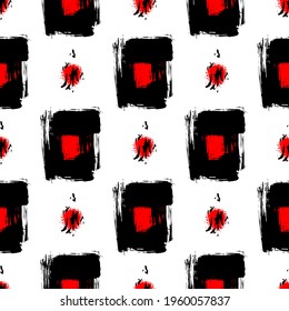 Vector seamless pattern with black rhombuses and fake hieroglyphs. Abstract background. Ink brush smears, strokes. Hand drawn texture. Trendy Japanese style print. Modern graphic design.