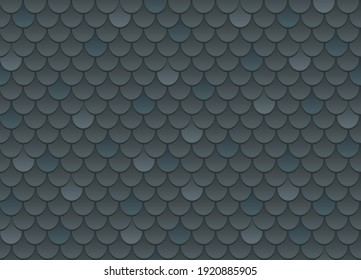 Vector seamless pattern of black roof tile. Dark grey shingles roof texture background. Gray roof tile for house covering. Vector illustration. Asphalt roof shingles.