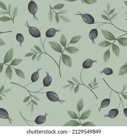 Vector seamless pattern with black rose hip berries on foliate twigs on light green background; perfect for wrapping paper, packaging, invitations, cards and other design.