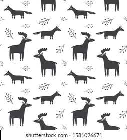 Vector seamless pattern of black Scandinavian hand drawn doodle sketch fox and deer animals isolated on white background