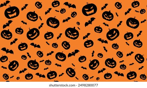 Vector seamless pattern with black scary pumpkin faces and bats on orange background. Scary Trick or Treat texture background repeatable wallpaper