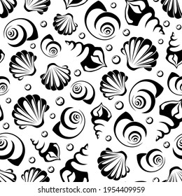 Vector seamless pattern with black sea shells silhouettes on a white background.