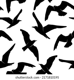 Vector Seamless Pattern with Black Seagull Bird Silhouette on White. Marine, Surf Background with Flying Isolated Sea Gulls for Wallpaper, Wrapping, Packing, Backdrop, Textile