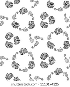 Vector seamless pattern of black seashell and seahorse on white background. Coloring page book of sea shell and seahorse