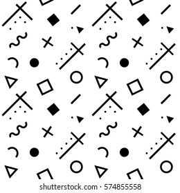 Vector seamless pattern with black shapes. Line, wavy line, square, triangle, circle. Retro geometric pattern for fabric design, paper print and website backdrop. Hipster pattern.