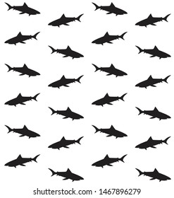 Vector seamless pattern of black silhouette of shark isolated on white background 