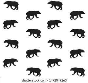 Vector seamless pattern of black silhouette of grizzly bear isolated on white background
