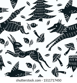 vector  seamless pattern with black silhouette animals and plants on a white background