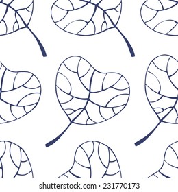 Vector seamless pattern with  black silhouette of tropical leaves on white background. Seamless decorative template texture with leaves. Endless leaf background. 