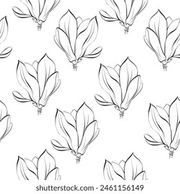  motif harmonieux Image vectorielle Fleur silhouette noire de Magnolia. Flore graphique florissante. Printemps de Paris. Ligne dessinée à la main pour le circuit