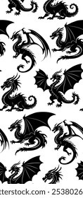 Patrón sin fisuras de Vector con silueta negra de dragones. Textura con sombra de wyverns sobre fondo blanco. Fondo con monstruos de cuento de hadas mitológico. Fondo de pantalla zodiaco chino.