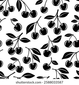 Vector Seamless Pattern with Black Silhouette Cutout Cherry. Single, Pair of Cherries and Cluster of Cherries with Leaves , Repeated Print. Cherry Art, Design Template, Vector Illustration