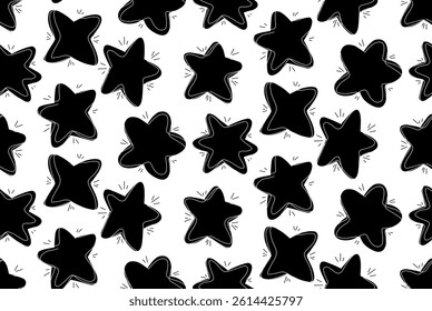 Vector seamless pattern with black silhouette of stars with scribble strokes on white background. Starry night. Texture with stars print for wallpaper and fabric