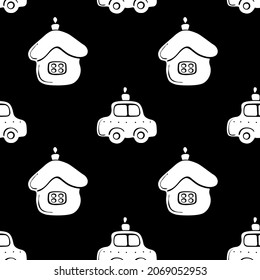 Vector seamless pattern with black silhouettes glass toys, decorations for xmas tree, flat style. Festive backgrounds and textures for Merry Christmas and happy New Year