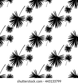 Vector seamless pattern with black silhouettes of palm leaves.