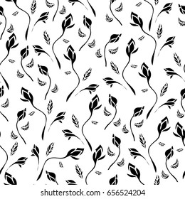 Vector seamless pattern with black silhouettes of flowers on a white background. Elegant lines, abstract pattern for fabric, wallpaper, wrapping paper, clothes, office