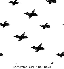 Vector seamless pattern with black sketch crows on white for print, textile, hardcover, bag, mug