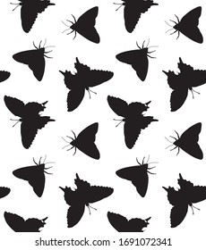 Vector seamless pattern of black sketch butterfly and moth silhouette isolated on white background