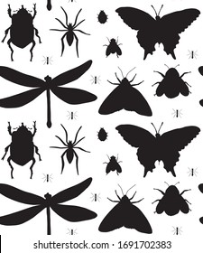 Vector seamless pattern of black sketch different insects silhouette isolated on white background