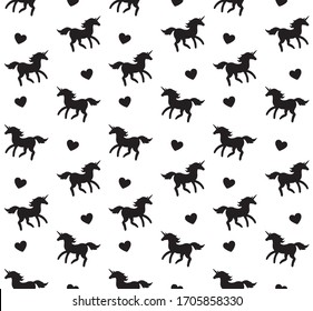 Vector seamless pattern of black sketch unicorn silhouette isolated on white background