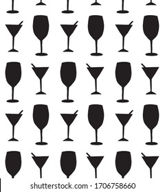 Vector seamless pattern of black sketch martini and wine glass silhouette isolated on white background