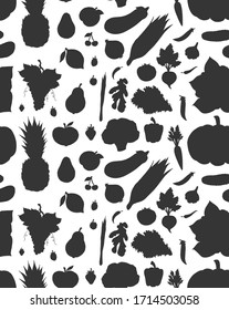 Vector seamless pattern of black sketch vegetables fruit and berries silhouette isolated on white background