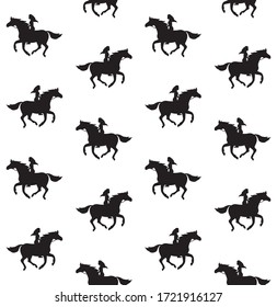 Vector seamless pattern of black sketch doodle girl riding horse silhouette isolated on white background