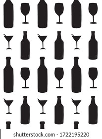 Vector seamless pattern of black sketch doodle beer wine alcohol bottle and glass silhouette isolated on white background