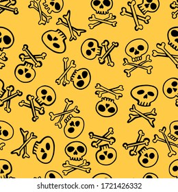 Vector Seamless Pattern of Black Skulls on Yellow Background