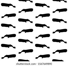 Vector seamless pattern of black sperm whale cachalot silhouette isolated on white background