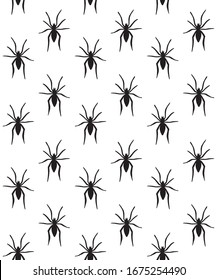 Vector seamless pattern of black spider silhouette isolated on white background