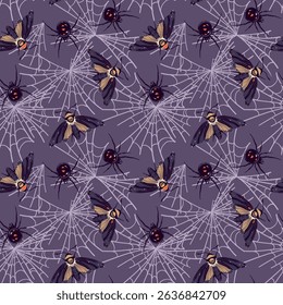 Vector seamless pattern with black spider and butterfly in flat style. Widow Latrodectus occidentalis and Death's Head moth hanging on the web. Halloween background design.