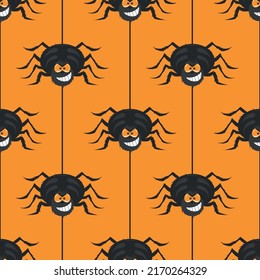 Vector Seamless Pattern with Black Spiders Hanging on a Web on Orange Background. Angry Smiling Cartoon Spider. Design Template for Wallpaper, Textile, Posters, T-shirts, Halloween Gifts