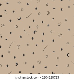Vector seamless pattern with black stars on beige background. For wallpapers, decoration, invitation card, fabric, textile, bed linen print, gift and wrapping paper, cover notepad, pajamas.