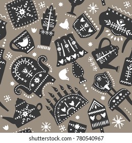Vector seamless pattern of black stylized cozy furniture decorated with white patterns on a gray background.