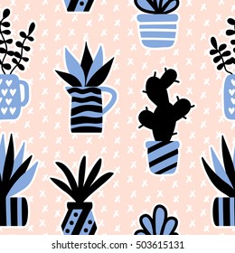 Vector seamless pattern with black succulents and houseplants in vase. Modern Scandinavian style background. Greeting card, invitation, textile print, wallpaper, interior design. Trendy home decor