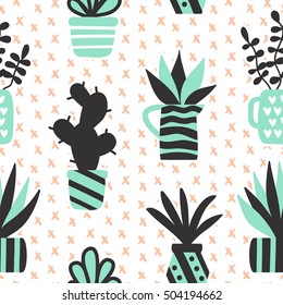 Vector seamless pattern with black succulents and houseplants in vase. Modern Scandinavian style background. Greeting card, invitation, textile print, wallpaper, interior design. Trendy home decor