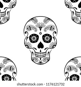 Vector seamless pattern of black sugar skull with doodle floral pattern on white background. Coloring page book for Mexican Day of the Dead