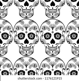 Vector seamless pattern of black sugar skull with doodle floral pattern on white background. Coloring page book for Mexican Day of the Dead