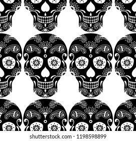 Vector seamless pattern of black sugar skull with doodle floral pattern on white background. Illustration for Mexican Day of the Dead