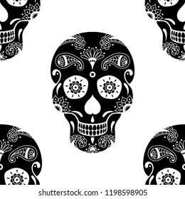 Vector seamless pattern of black sugar skull with floral pattern on white background. Illustration for Mexican Day of the Dead