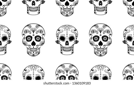 Vector seamless pattern of black sugar skull with doodle floral pattern on white background. Coloring page book for Mexican Day of the Dead.  sugar skull background