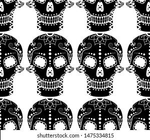 Vector seamless pattern of black sugar skull with floral ethnic ornament on white background