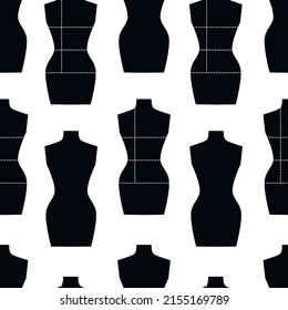 Vector seamless pattern: black tailor's mannequines with body measurements by dotted line on white. Monochrome design for textile, wrapping paper, wallpaper. 