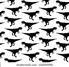 Vector seamless pattern of black tyrannosaur rex dinosaur silhouette isolated on white background